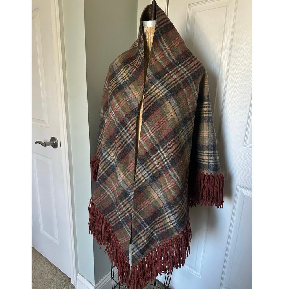 Vintage Plaid Wool Shaw Fringe Triangle brown rust gray olive green 82”x82”